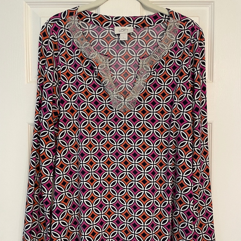 LOFT Geometric Print Beaded Top
